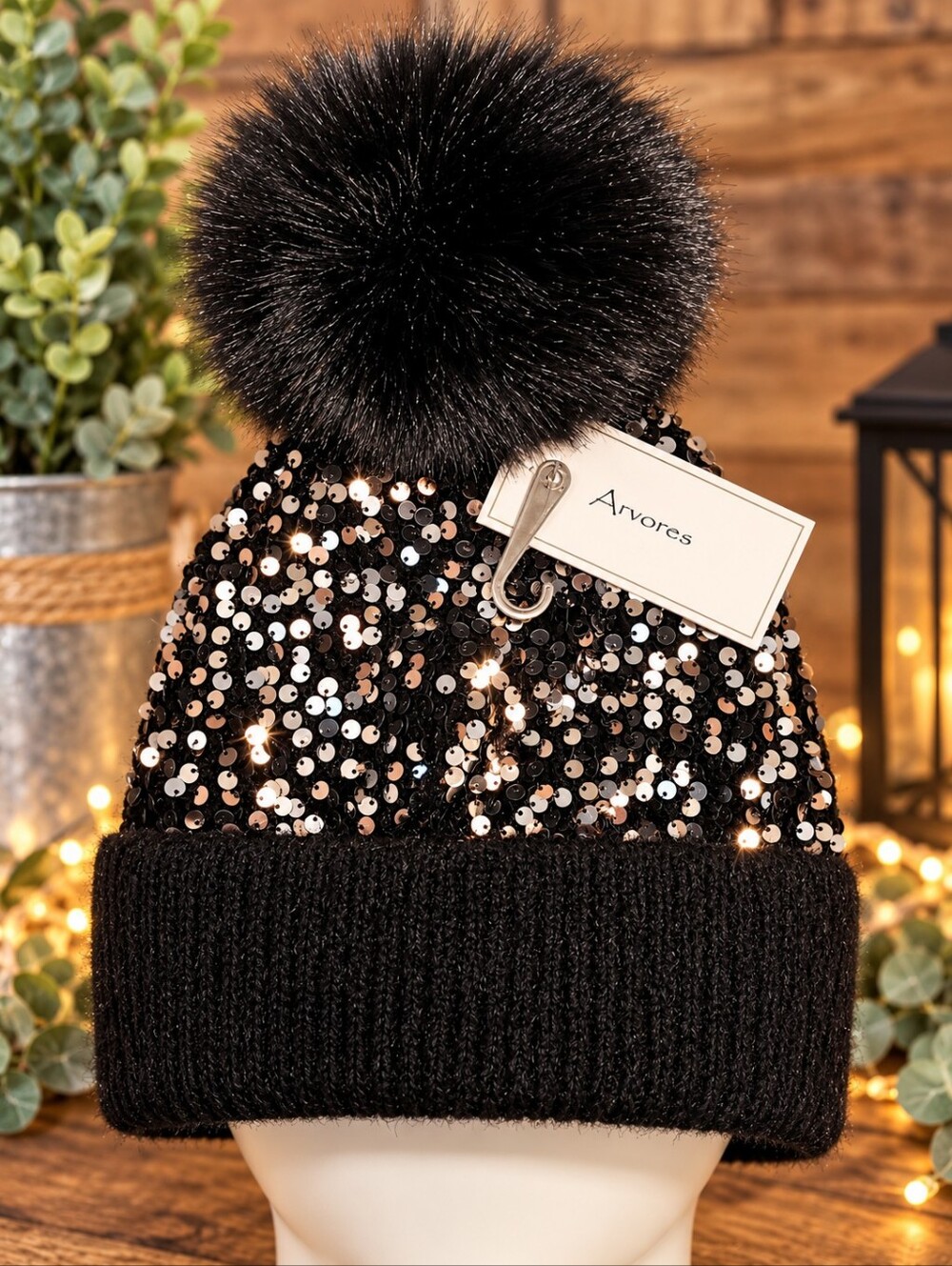 Women's Black Sequin Pom Pom Beanie NEW
